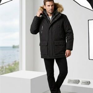 Club Room Men's Dark Puffer Jacket with Fur Trim